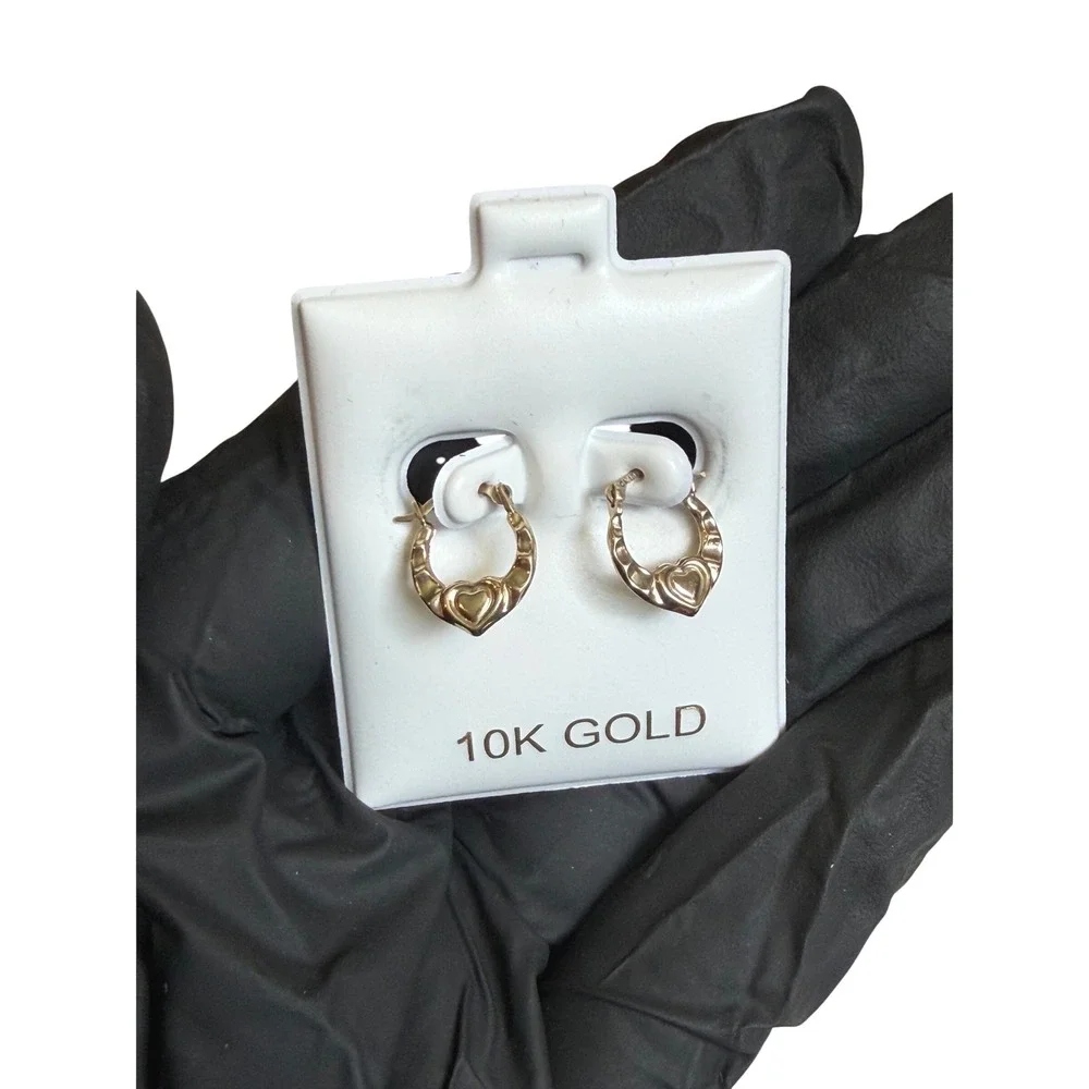 10K Real Yellow Gold Puffed Heart Hoop Earrings Kids Latch Back Small Size 12mm